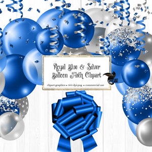 Royal Blue and Silver Balloon Arch Clipart, globo png superposiciones digitales con cintas y confeti descarga instantánea uso comercial