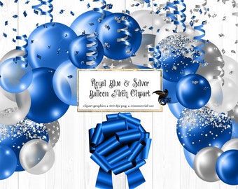 Royal Blue and Silver Balloon Arch Clipart, balloon png digital overlays with ribbons and confetti instant download commercial use