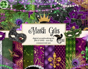 Mardi Gras Scrapbook Kit, Mask Clipart, Fleur de Lis (Digital Download)