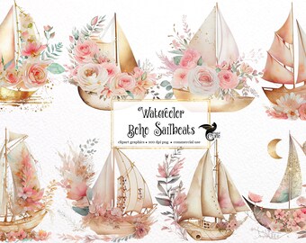 Watercolor Floral Sailboats Clipart – Pink & Gold Nautical Graphics (PNG, Digital Download)