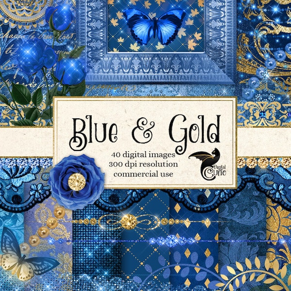 Blue and Gold Digital Scrapbook Kit, clipart, digital paper, png overlay, frames, pearls, lace, diamonds, fantasy wedding digital overlays