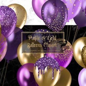 Lila und Gold Ballons Clipart, Glitzer Ballon png digitale Überlagerungen mit Glitzer Konfetti für Geburtstage sofortigen Download kommerzielle Nutzung