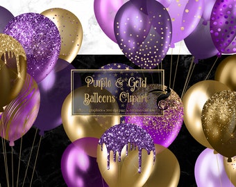 Purple and Gold Balloons Clipart, glitter balloon png digital overlays with glitter confetti for birthdays instant download commercial use