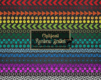 Rainbow Chalkboard Borders Clipart, Rainbow borders, Geometric borders, Border Clip art PNG set for Commercial Use