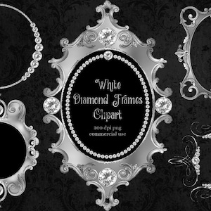 White Diamond Frames Clipart, antigo clipart de moldura extravagante, casamento png uso comercial download instantâneo, moldura retrô, convites de diamante