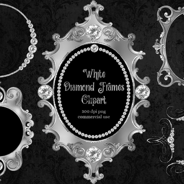 White Diamond Frames Clipart, antique fancy frame clip art, wedding png commercial use instant download, retro frame, diamond invitations