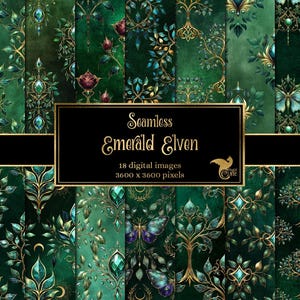 May include: A collection of seamless digital images with an emerald green color scheme. The images feature ornate designs with gold accents, gemstones, butterflies, and floral elements. The text on the image reads "Seamless Emerald Elven".