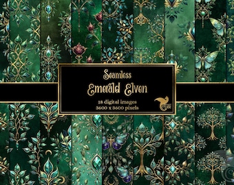 Emerald Elven digitaal papier, fantasie bospatronen, naadloos afdrukbaar papier direct downloaden