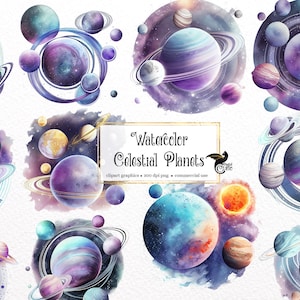 Acuarela Celestial Planets Clipart - arte de clip del sistema solar del espacio mágico en formato PNG descarga instantánea para uso comercial