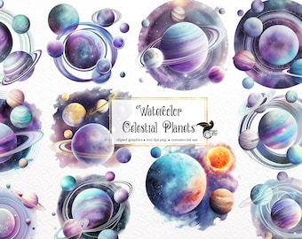 Watercolor Celestial Planets Clipart - magic space solar system clip art in PNG format instant download for commercial use