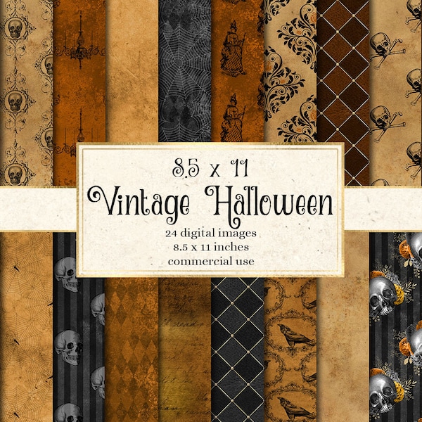 textures de papier numérique Halloween vintage, 8 1/2 x 11 damassé de crâne antique et vieux fonds de papier, papier scrapbook halloween imprimable