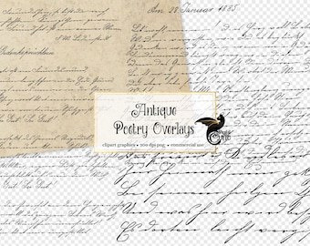 Antique Poetry Overlays, old handwriting in PNG format with transparent backgrounds instant download for commercial use