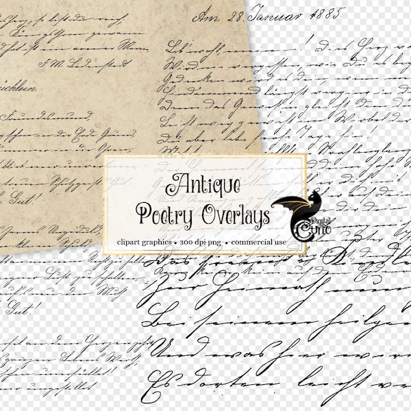 Antique Poetry Overlays, old handwriting in PNG format with transparent backgrounds instant download for commercial use