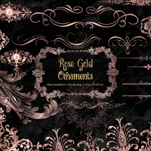 Rose Gold Ornaments Clipart - vintage ornaments and frames digital graphics in PNG format for commercial use
