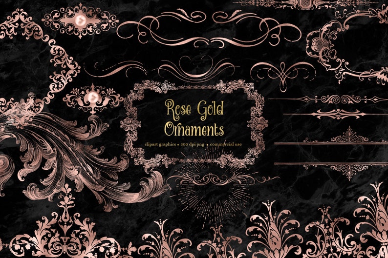 May include: A set of rose gold decorative ornaments with a black background. The ornaments include swirls, frames, and borders. The text "Rose Gold Ornaments" is in the centre of the image.