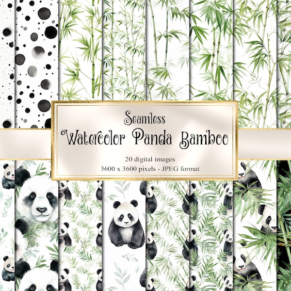Watercolor Panda Bamboo Digital Paper, seamless printable textures printable scrapbook paper