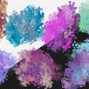 May include: A collection of abstract watercolor brushstrokes in various colors. The palette includes shades of blue, purple, pink, green, yellow, and brown. The strokes have a textured appearance, suggesting a painted surface.