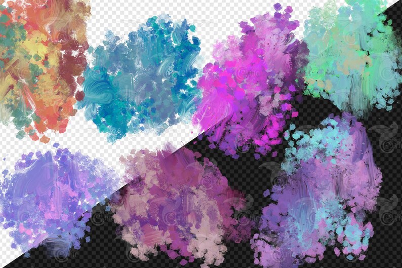May include: A collection of abstract watercolor brushstrokes in various colors. The palette includes shades of blue, purple, pink, green, yellow, and brown. The strokes have a textured appearance, suggesting a painted surface.