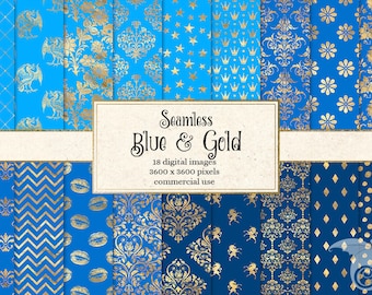 Puede incluir: Un conjunto de 18 patrones digitales sin costuras en azul y dorado. Los patrones incluyen varios diseños como estrellas, coronas, damasco, chevron, labios y lunares.  Seamless Blue & Gold - 18 imágenes digitales 3600 x 3600 píxeles uso comercial
