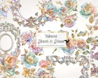 Iridescent Flowers and Frames Clipart, rococo rainbow illustrations digital illustrations PNG instant download commercial use