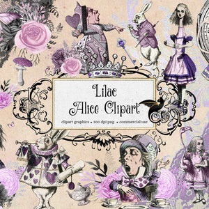 Lilac Alice's Adventures in Wonderland Clipart, gráficos de imágenes prediseñadas de descarga instantánea con Mad Hatter, Queen of Hearts para uso comercial