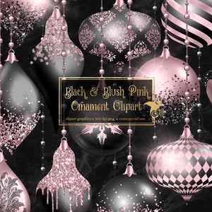 Black and Blush Pink Christmas Ornaments Clipart, digital glitter Christmas ball ornament clip art in png format for commercial use