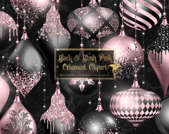 Black and Blush Pink Christmas Ornaments Clipart, digital glitter Christmas ball ornament clip art in png format for commercial use