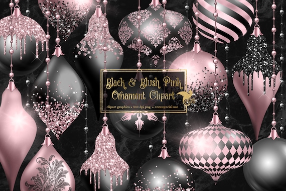 Black and Blush Pink Christmas Ornaments Clipart, Digital Glitter