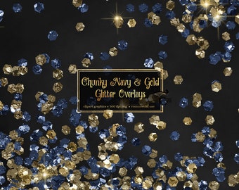 Chunky Navy and Gold Glitter Overlays, digital glitter png overlays, clip art glitter confetti instant download