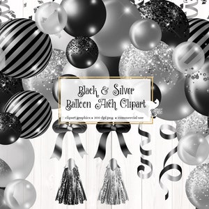 Black and Silver Balloon Arch Clipart, ballon png digitale overlays met linten en confetti instant download commercieel gebruik