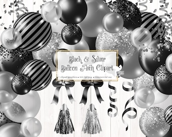 Black and Silver Balloon Arch Clipart, balloon png digital overlays with ribbons and confetti instant download commercial use