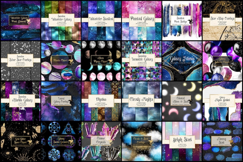 K&ouml;nnte beinhalten: Eine Sammlung digitaler Kunstdrucke mit Himmels- und Galaxiethemen. Die Drucke zeigen Aquarellgalaxien, Sternen&uuml;berlagerungen, Planeten, Monde und kosmische Elemente. Die Farben umfassen Blau, Lila und Gold. Jeder Druck hat ein einzigartiges Design mit Textetiketten.