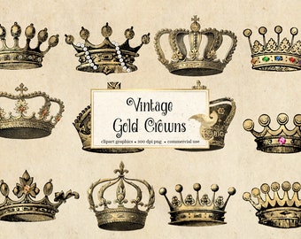 Vintage Gold Crowns Clipart, vintage antique royal crown clip art illustrations, instant download clipart for commercial use graphics