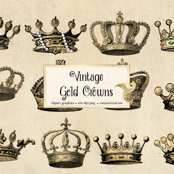 Vintage Gold Crowns Clipart, vintage antique royal crown clip art illustrations, instant download clipart for commercial use graphics