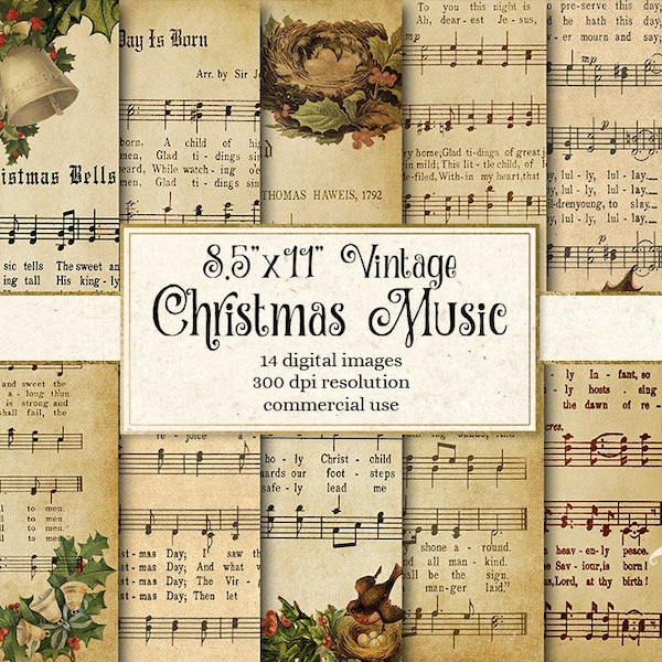 Digital Vintage Christmas Sheet Music 8.5x11 Digital Paper, Scrapbook Paper, Decoupage, antique Victorian Printable Christmas Carols A4