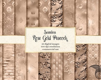 Rose Gold Peacock Digital Paper, Seamless Shimmer Textures (Digital Download)