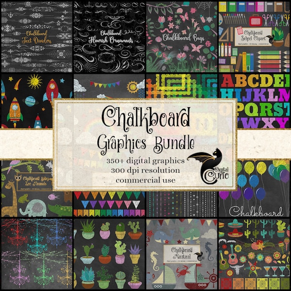 Chalkboard Grafiken Bundle, Rabatt Clipart und Texturen, digitales Scrapbooking, Kreide Clip Art, Tafel Schule Regenbogen Clipart