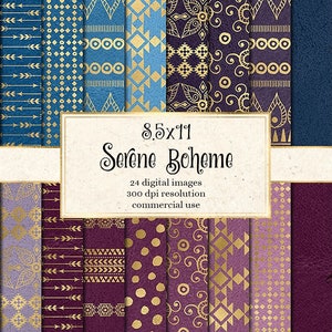 Serene Boheme デジタル ペーパー、8.5 x 11 インチのレザー テクスチャ、8 1/2 x 11 ゴールド ボヘミアン パターン、ゴールド ホイル トライバル インスタント ダウンロード 商用利用