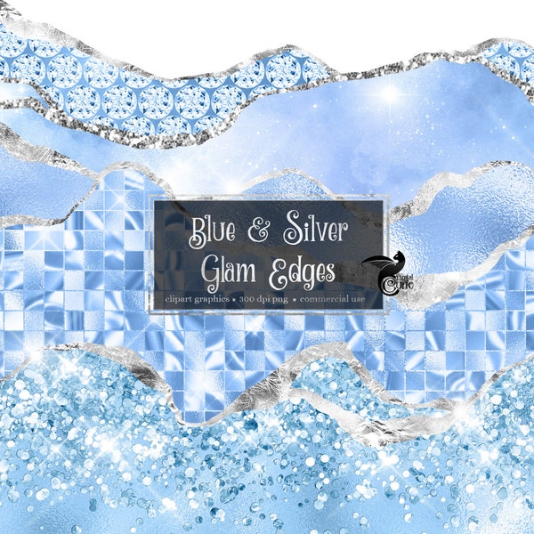 Blue and Silver Glam Edges Clipart - glitter senza soluzione di continuità e bordi di lusso metallici laminati in formato png per uso commerciale