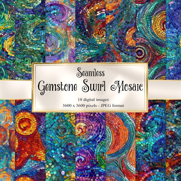 Gemstone Swirl Mosaic Digital Paper, carta scrapbook stampabile con texture stampabili tono gioiello senza soluzione di continuità
