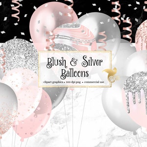 Erröten und Silber Ballons Clipart, rosa Glitzer und Folie Konfetti Party Clipart für Geburtstage PNG-Format sofortiger Download für kommerzielle Nutzung