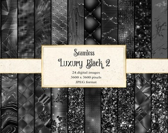 Luxury Black digital paper, seamless black textures with glam metallic effects and glitter instant download for commercial use