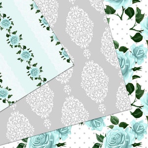Aqua and Gray Shabby Digital Paper, Seamless Floral Patterns Rustic ...