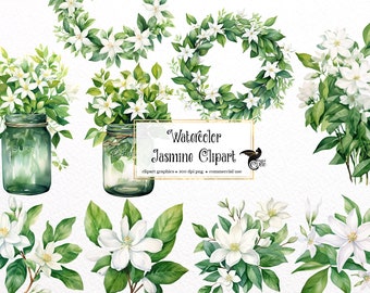 Puede incluir: Clipart de acuarela con flores de jazmín blancas en varios arreglos. Las flores se representan en jarrones, como una corona y como flores individuales. El texto "Watercolor Jasmine Clipart" está incluido en la imagen.