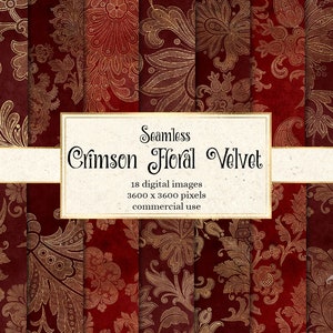 May include: A set of 18 digital seamless patterns featuring a crimson red velvet background with a gold floral design. The text "Seamless Crimson Floral Velvet" is displayed in a white rectangle. The text "18 digital images 3600 x 3600 pixels commercial use" is displayed in a white rectangle below the title.