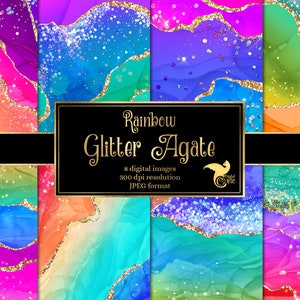 May include: A digital paper pack featuring 8 images of rainbow agate with gold glitter accents. The images are 300 dpi and in JPEG format. The text "Rainbow Glitter Agate" is displayed on the image.