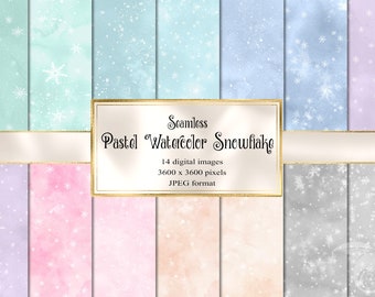 Pastel Watercolor Snowflakes Digital Paper - seamless white snow background winter textures instant download for commercial use