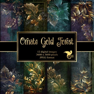 Ornate Gold Forest Digital Paper -  dark green woodland grunge textures printable scrapbook paper backgrounds instant download