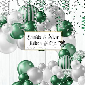 Emerald and Silver Balloon Arch Clipart, green balloon png digital overlays with ribbons and confetti instant download commercial use