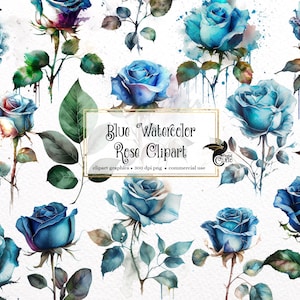 Blue Watercolor Roses Clipart - blue roses and leaves in PNG format instant download for commercial use